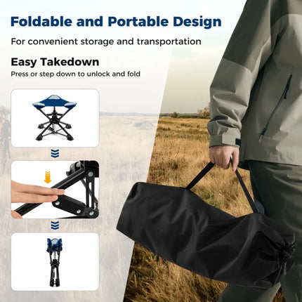 Folding Camping Stool 360° Swivel Hunting Chair with Anti-Sink Feet-Blue - Blue - Camping