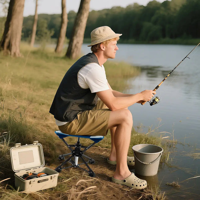 Folding Camping Stool 360° Swivel Hunting Chair with Anti-Sink Feet-Blue - Blue - Camping