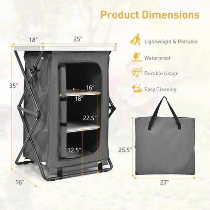Folding Camping Storage Cabinet with 3 Shelves and Carry Bag-M - Gray - Camping Furniture
