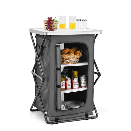 Folding Camping Storage Cabinet with 3 Shelves and Carry Bag-M - Gray - Camping Furniture