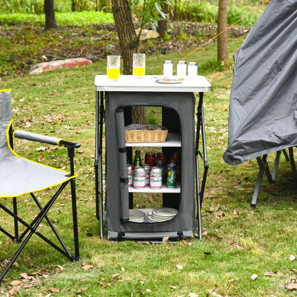 Folding Camping Storage Cabinet with 3 Shelves and Carry Bag-M - Gray - Camping Furniture