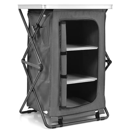 Folding Camping Storage Cabinet with 3 Shelves and Carry Bag-M - Gray - Camping Furniture