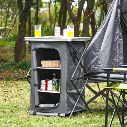 Folding Camping Storage Cabinet with 3 Shelves and Carry Bag-M - Gray - Camping Furniture