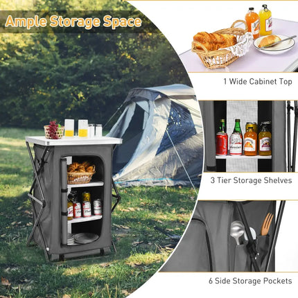 Folding Camping Storage Cabinet with 3 Shelves and Carry Bag-M - Gray - Camping Furniture