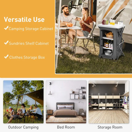 Folding Camping Storage Cabinet with 3 Shelves and Carry Bag-M - Gray - Camping Furniture