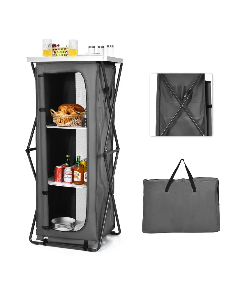 Folding Camping Storage Cabinet with 3 Shelves and Carry Bag-XL - Gray - Camping Furniture