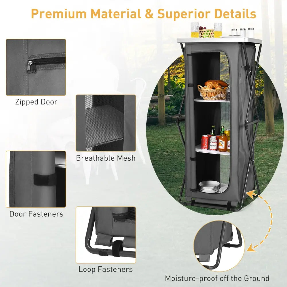 Folding Camping Storage Cabinet with 3 Shelves and Carry Bag-XL - Gray - Camping Furniture