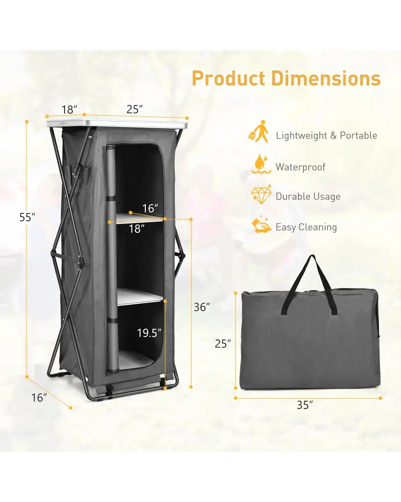 Folding Camping Storage Cabinet with 3 Shelves and Carry Bag-XL - Gray - Camping Furniture