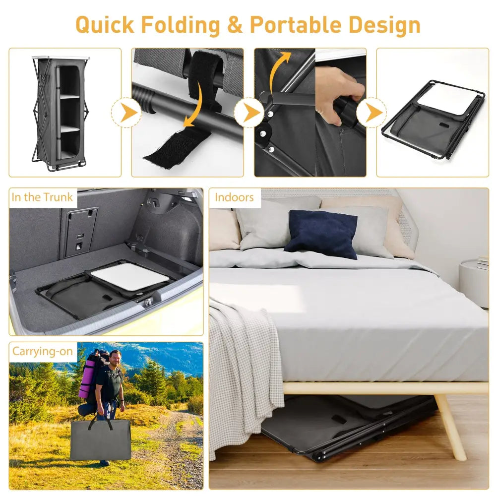 Folding Camping Storage Cabinet with 3 Shelves and Carry Bag-XL - Gray - Camping Furniture