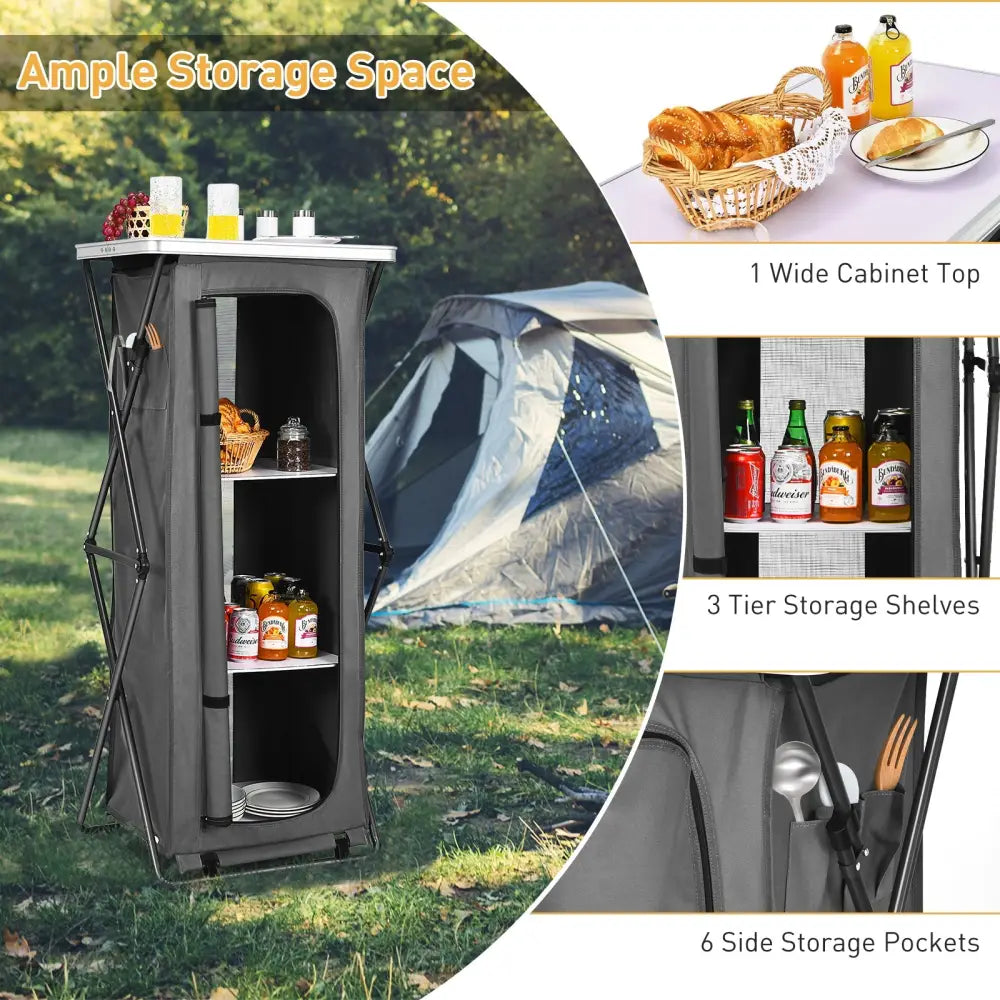 Folding Camping Storage Cabinet with 3 Shelves and Carry Bag-XL - Gray - Camping Furniture