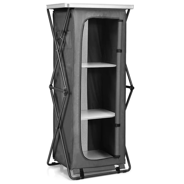 Folding Camping Storage Cabinet with 3 Shelves and Carry Bag-XL - Gray - Camping Furniture