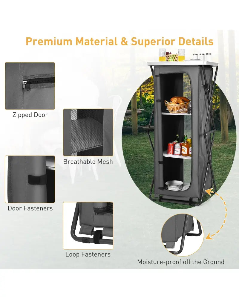 Folding Camping Storage Cabinet with 3 Shelves and Carry Bag-XL - Gray - Camping Furniture