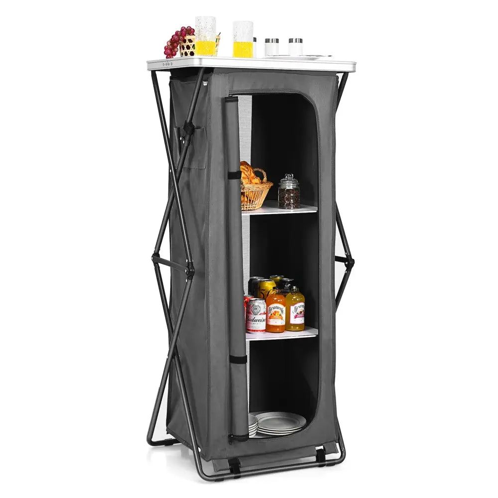 Folding Camping Storage Cabinet with 3 Shelves and Carry Bag-XL - Gray - Camping Furniture