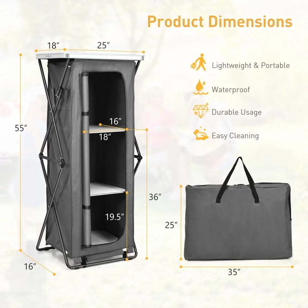 Folding Camping Storage Cabinet with 3 Shelves and Carry Bag-XL - Gray - Camping Furniture