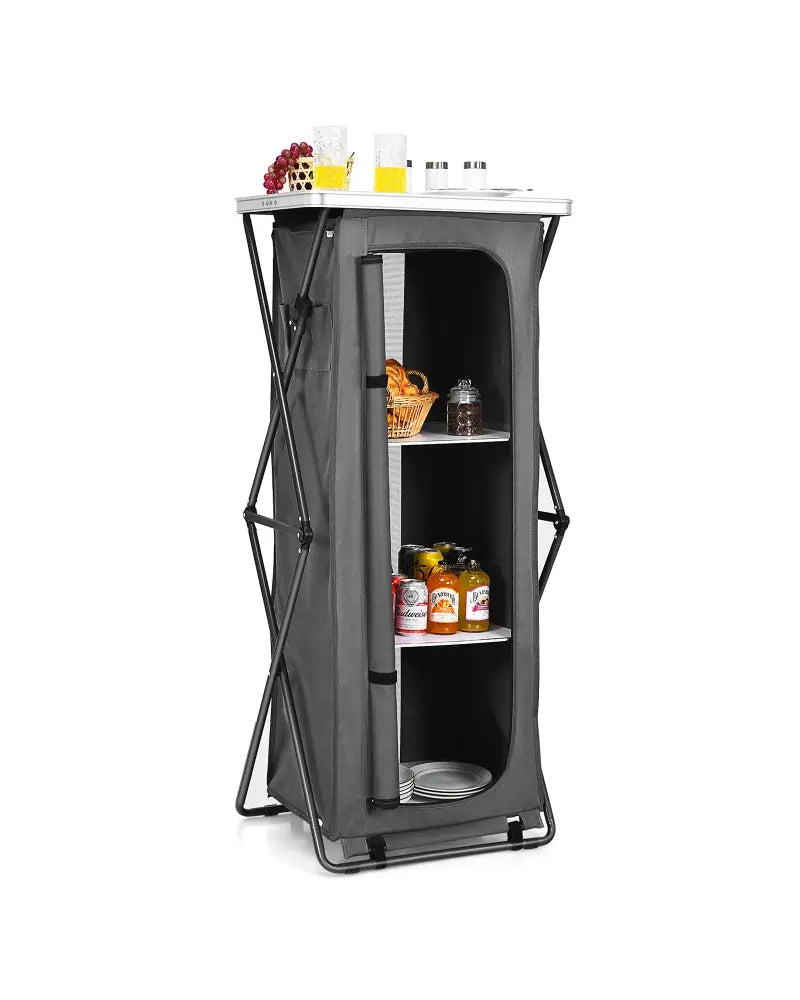 Folding Camping Storage Cabinet with 3 Shelves and Carry Bag-XL - Gray - Camping Furniture
