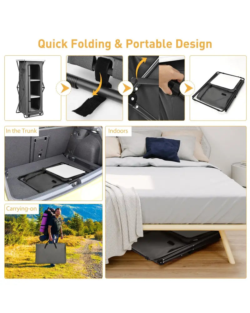 Folding Camping Storage Cabinet with 3 Shelves and Carry Bag-XL - Gray - Camping Furniture