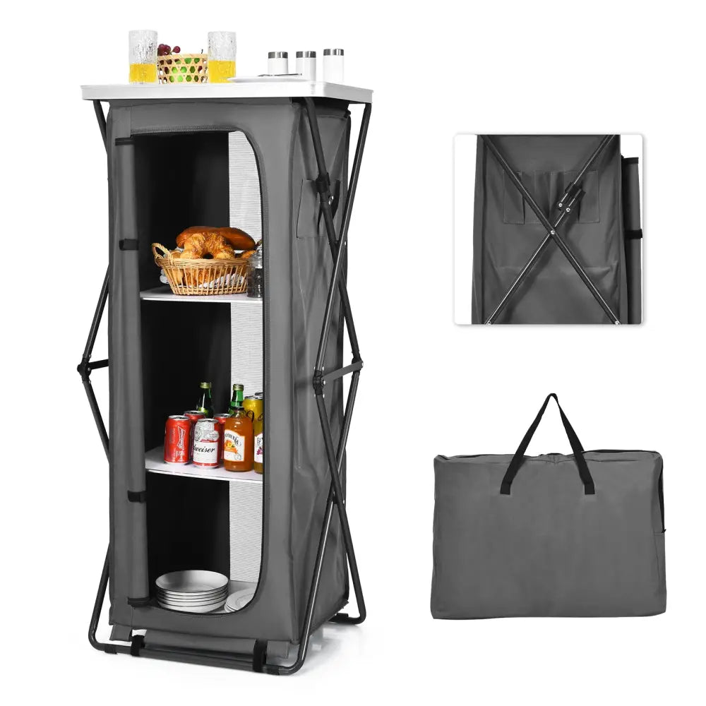 Folding Camping Storage Cabinet with 3 Shelves and Carry Bag-XL - Gray - Camping Furniture