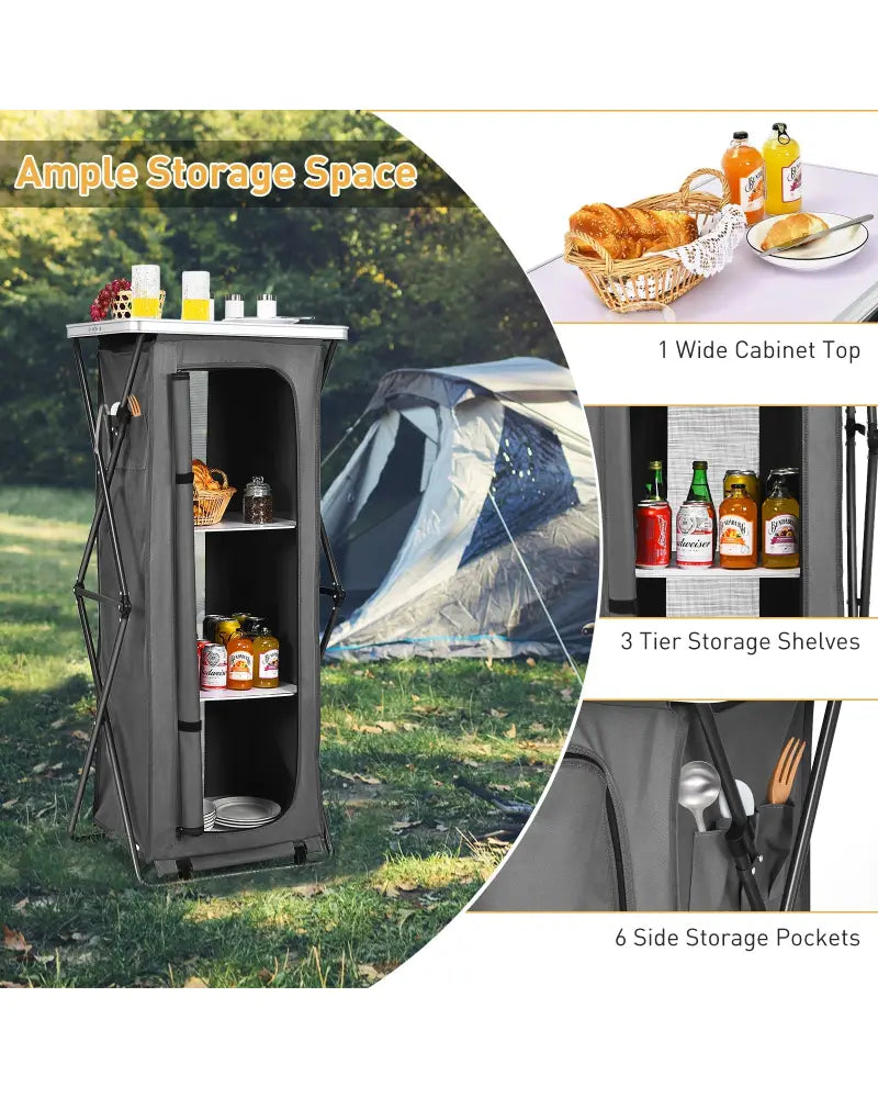 Folding Camping Storage Cabinet with 3 Shelves and Carry Bag-XL - Gray - Camping Furniture