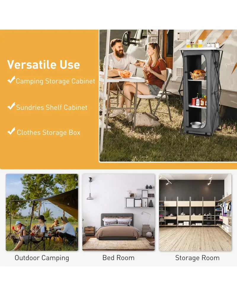 Folding Camping Storage Cabinet with 3 Shelves and Carry Bag-XL - Gray - Camping Furniture