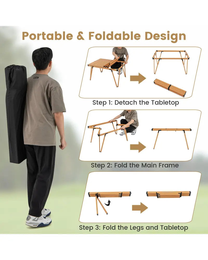 Folding Camping Table Picnic Table with Storage Bag and Waterproof Desktop-Brown - Brown - Picnic Tables