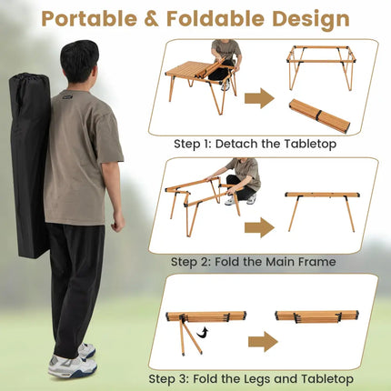 Folding Camping Table Picnic Table with Storage Bag and Waterproof Desktop-Brown - Brown - Picnic Tables