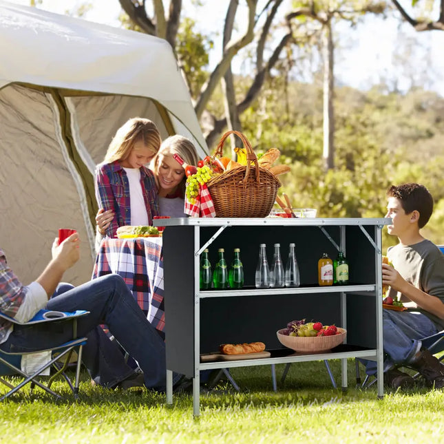 Folding Camping Table with 2-Tier Open Shelves for Outdoor BBQ-Black - Black - Camping Furniture