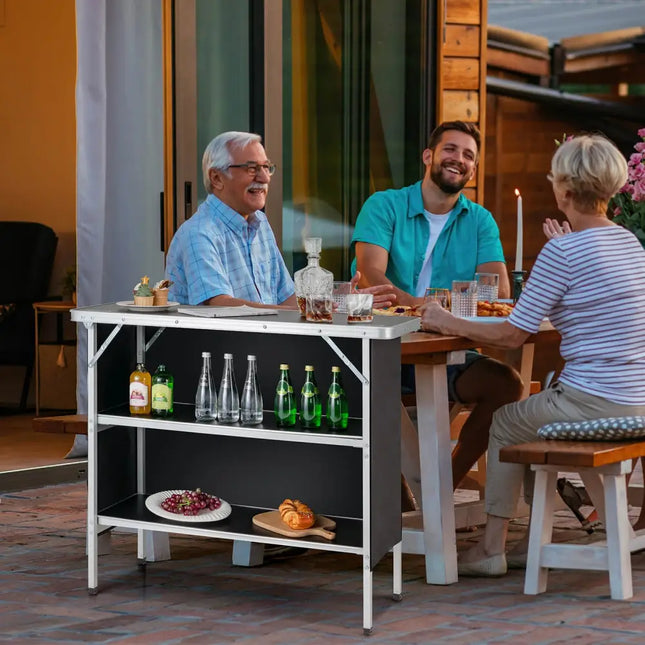 Folding Camping Table with 2-Tier Open Shelves for Outdoor BBQ-Black - Black - Camping Furniture