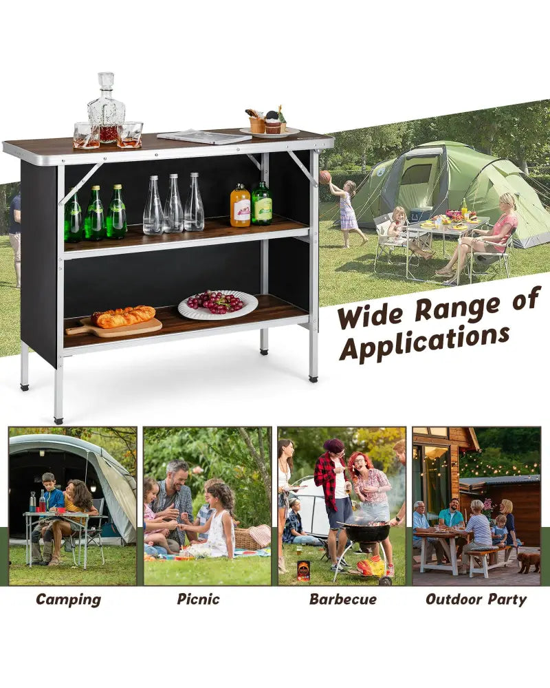 Folding Camping Table with 2-Tier Open Shelves for Outdoor BBQ-Coffee - Coffee - Camping Furniture