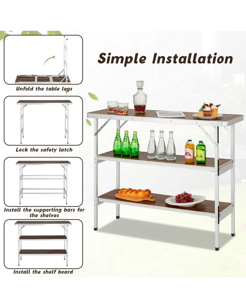 Folding Camping Table with 2-Tier Open Shelves for Outdoor BBQ-Coffee - Coffee - Camping Furniture