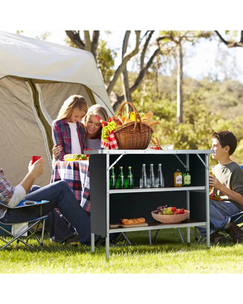 Folding Camping Table with 2-Tier Open Shelves for Outdoor BBQ-Coffee - Coffee - Camping Furniture