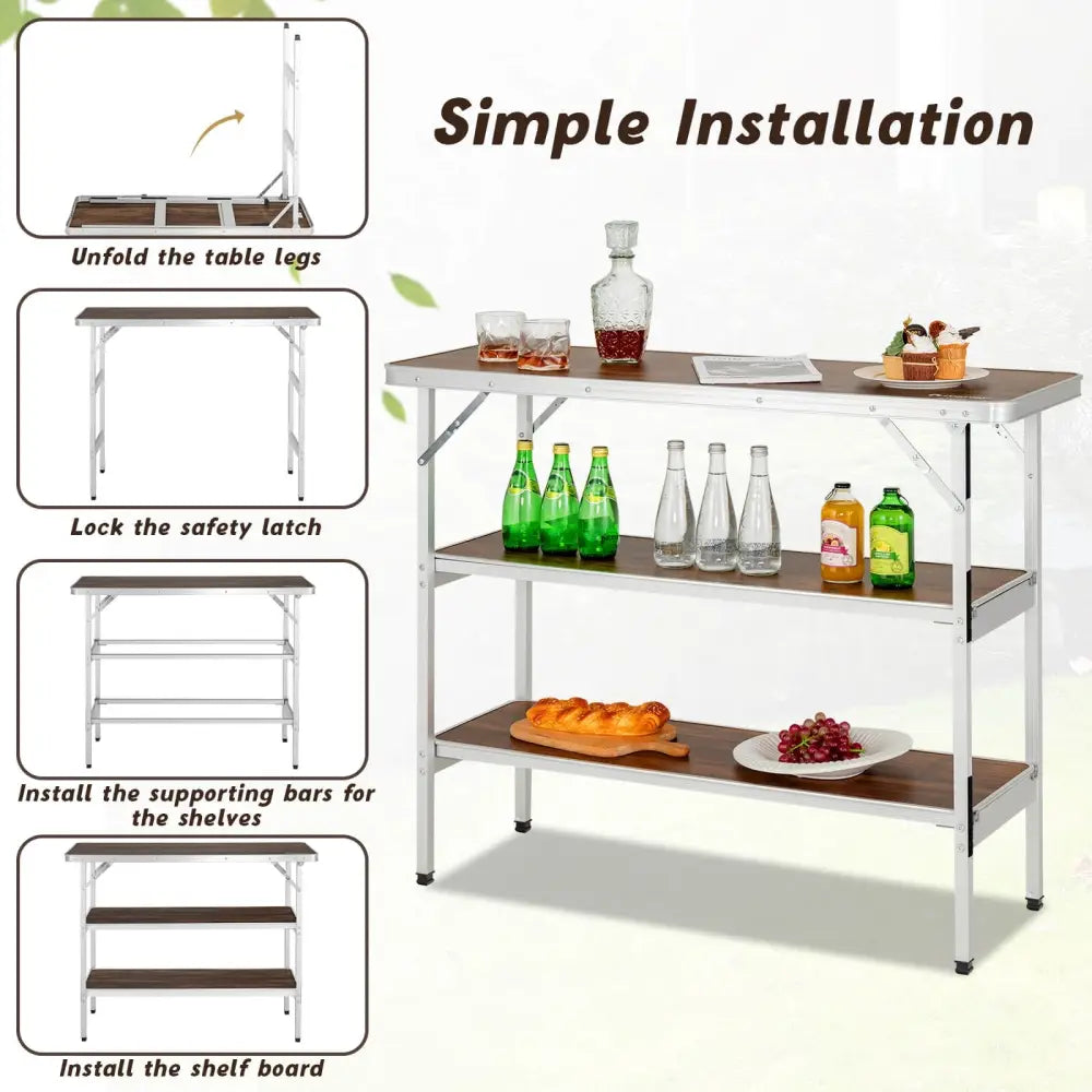Folding Camping Table with 2-Tier Open Shelves for Outdoor BBQ-Coffee - Coffee - Camping Furniture