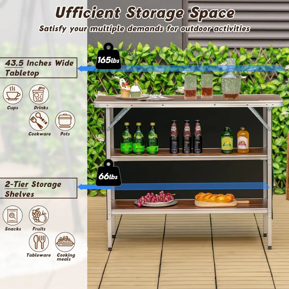 Folding Camping Table with 2-Tier Open Shelves for Outdoor BBQ-Coffee - Coffee - Camping Furniture