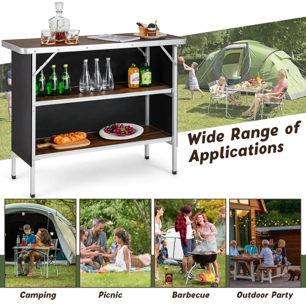 Folding Camping Table with 2-Tier Open Shelves for Outdoor BBQ-Coffee - Coffee - Camping Furniture