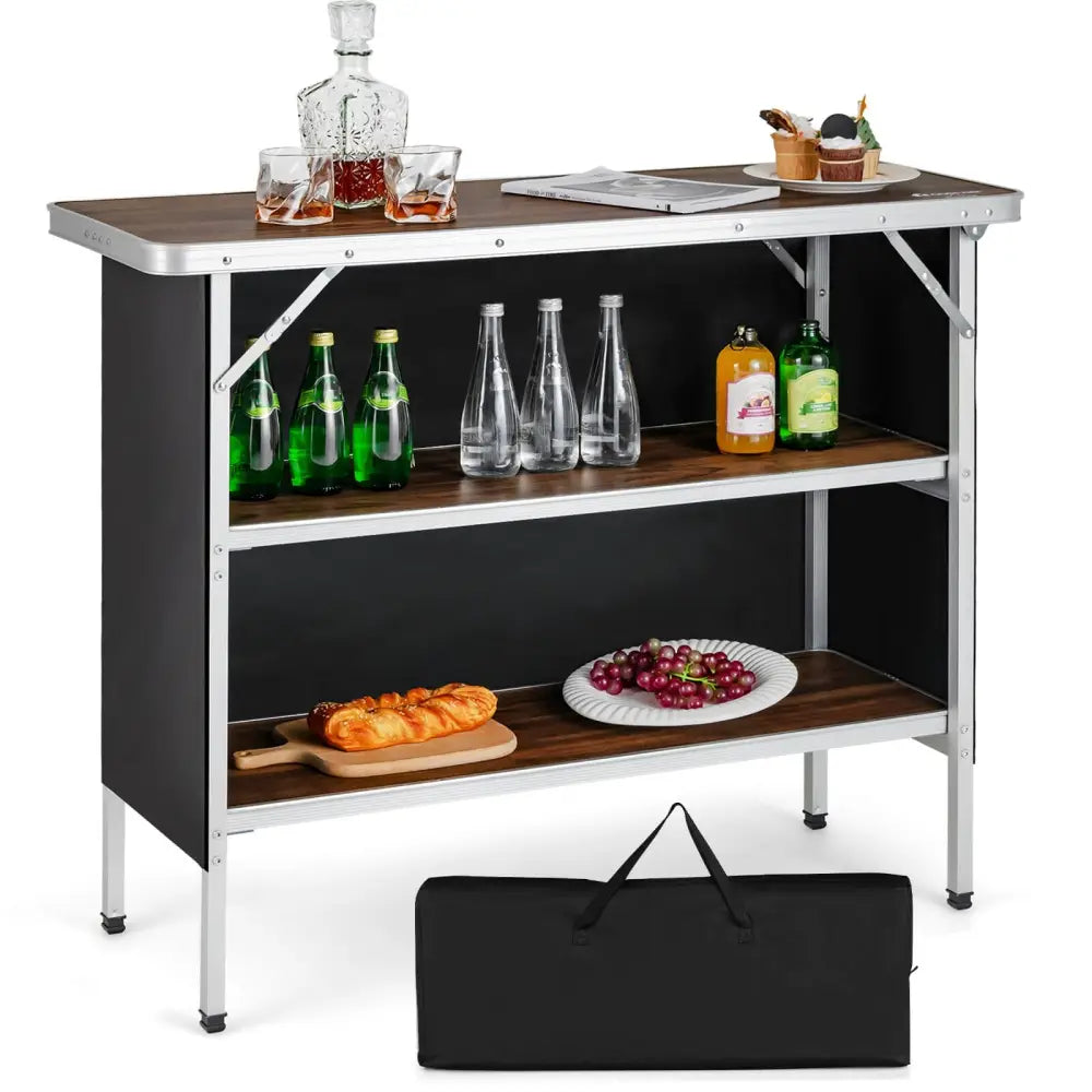 Folding Camping Table with 2-Tier Open Shelves for Outdoor BBQ-Coffee - Coffee - Camping Furniture