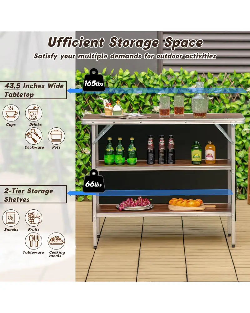 Folding Camping Table with 2-Tier Open Shelves for Outdoor BBQ-Coffee - Coffee - Camping Furniture