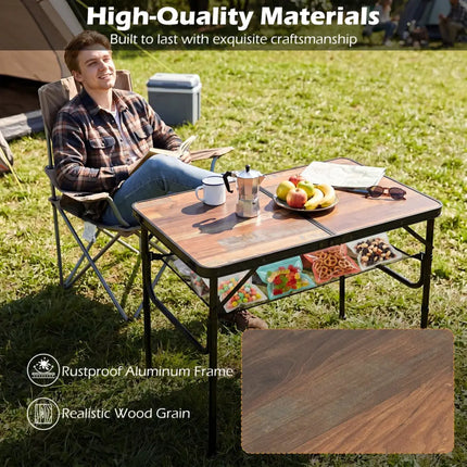 Folding Camping Table with Adjustable Heights Storage Net & Handle-Black & Brown - Picnic Tables
