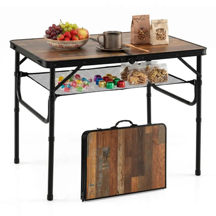 Folding Camping Table with Adjustable Heights Storage Net & Handle-Black & Brown - Picnic Tables