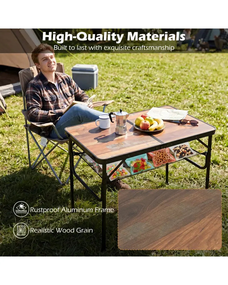 Folding Camping Table with Adjustable Heights Storage Net & Handle-Black & Brown - Picnic Tables