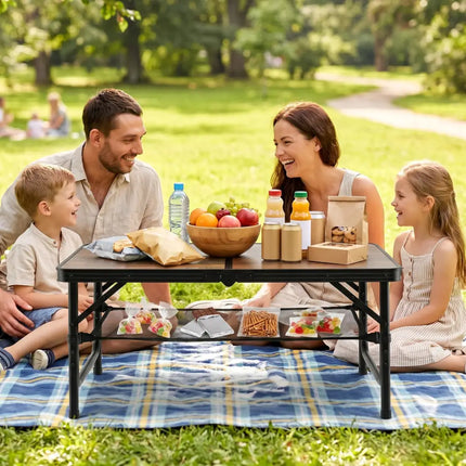 Folding Camping Table with Adjustable Heights Storage Net & Handle-Black & Brown - Picnic Tables