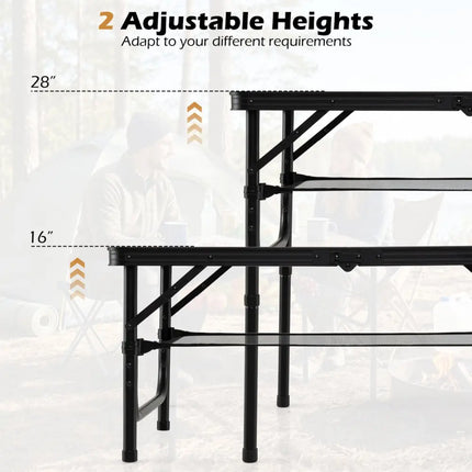 Folding Camping Table with Adjustable Heights Storage Net & Handle-Black & Brown - Picnic Tables