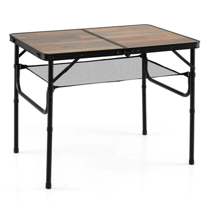 Folding Camping Table with Adjustable Heights Storage Net & Handle-Black & Brown - Picnic Tables