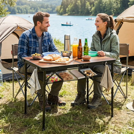 Folding Camping Table with Adjustable Heights Storage Net & Handle-Black & Brown - Picnic Tables