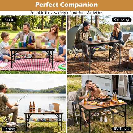 Folding Camping Table with Adjustable Heights Storage Net & Handle-Black & Brown - Picnic Tables