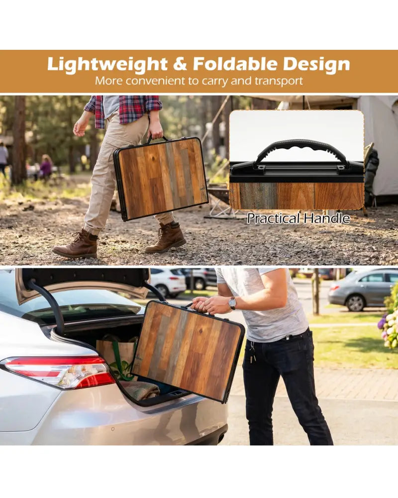 Folding Camping Table with Adjustable Heights Storage Net & Handle-Black & Brown - Picnic Tables