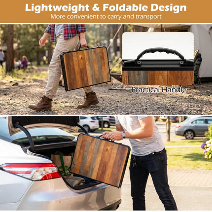 Folding Camping Table with Adjustable Heights Storage Net & Handle-Black & Brown - Picnic Tables