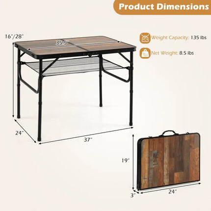 Folding Camping Table with Adjustable Heights Storage Net & Handle-Black & Brown - Picnic Tables
