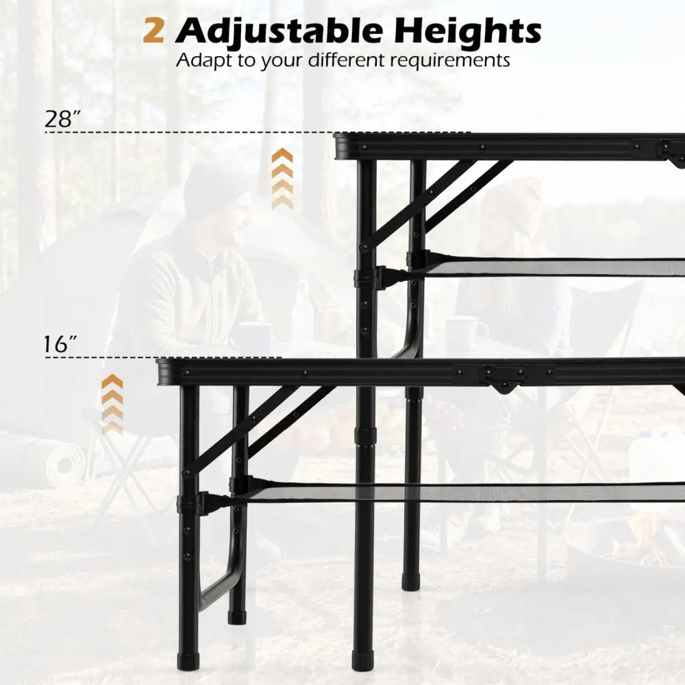 Folding Camping Table with Adjustable Heights Storage Net & Handle-Black & Brown - Picnic Tables