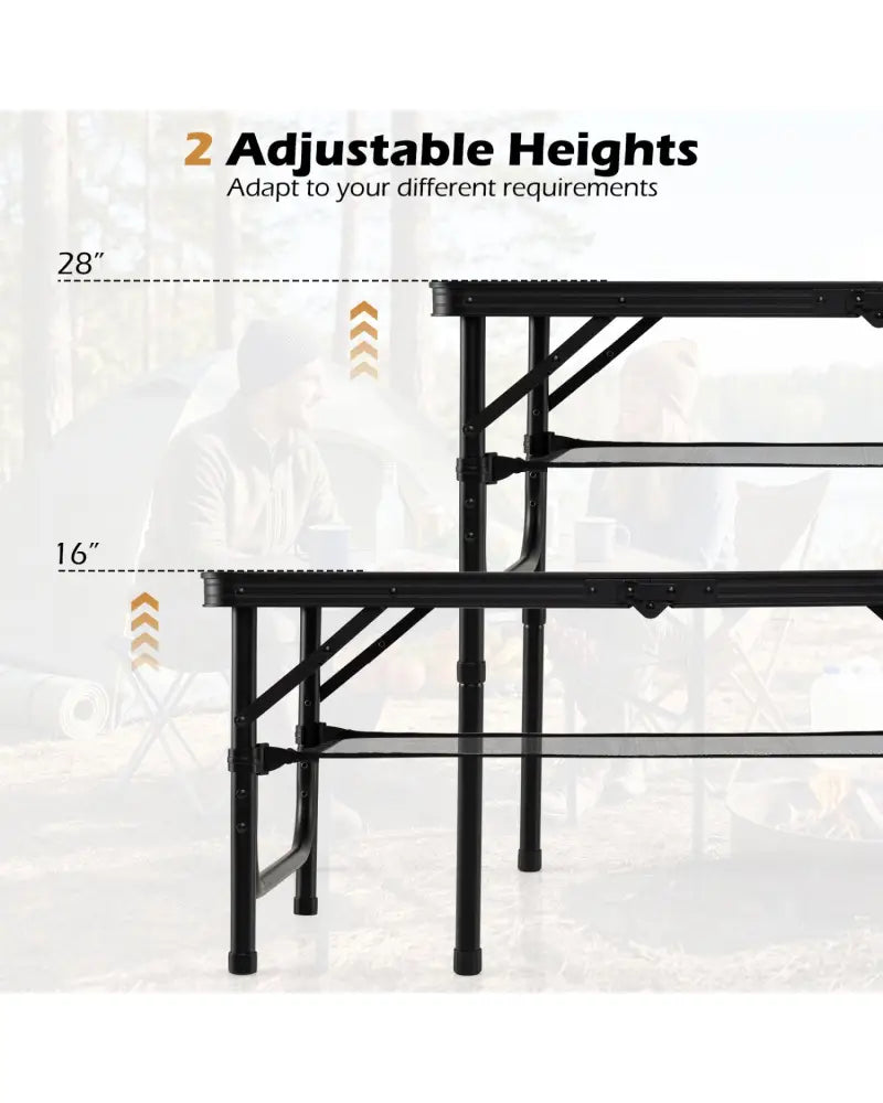Folding Camping Table with Adjustable Heights Storage Net & Handle-Black & Brown - Picnic Tables