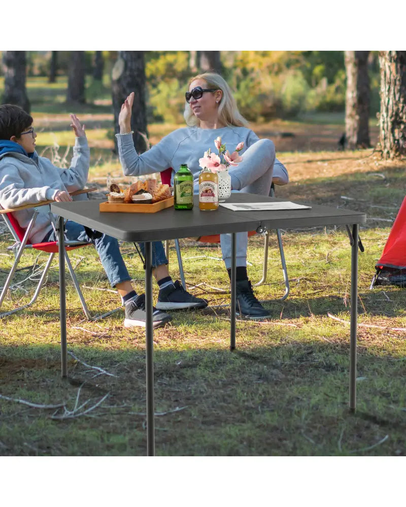 Folding Camping Table with All-Weather HDPE Tabletop and Rustproof Steel Frame-Gray - Gray - Camping Furniture