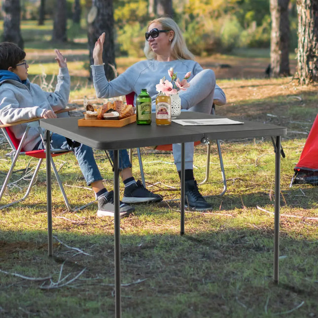 Folding Camping Table with All-Weather HDPE Tabletop and Rustproof Steel Frame-Gray - Gray - Camping Furniture
